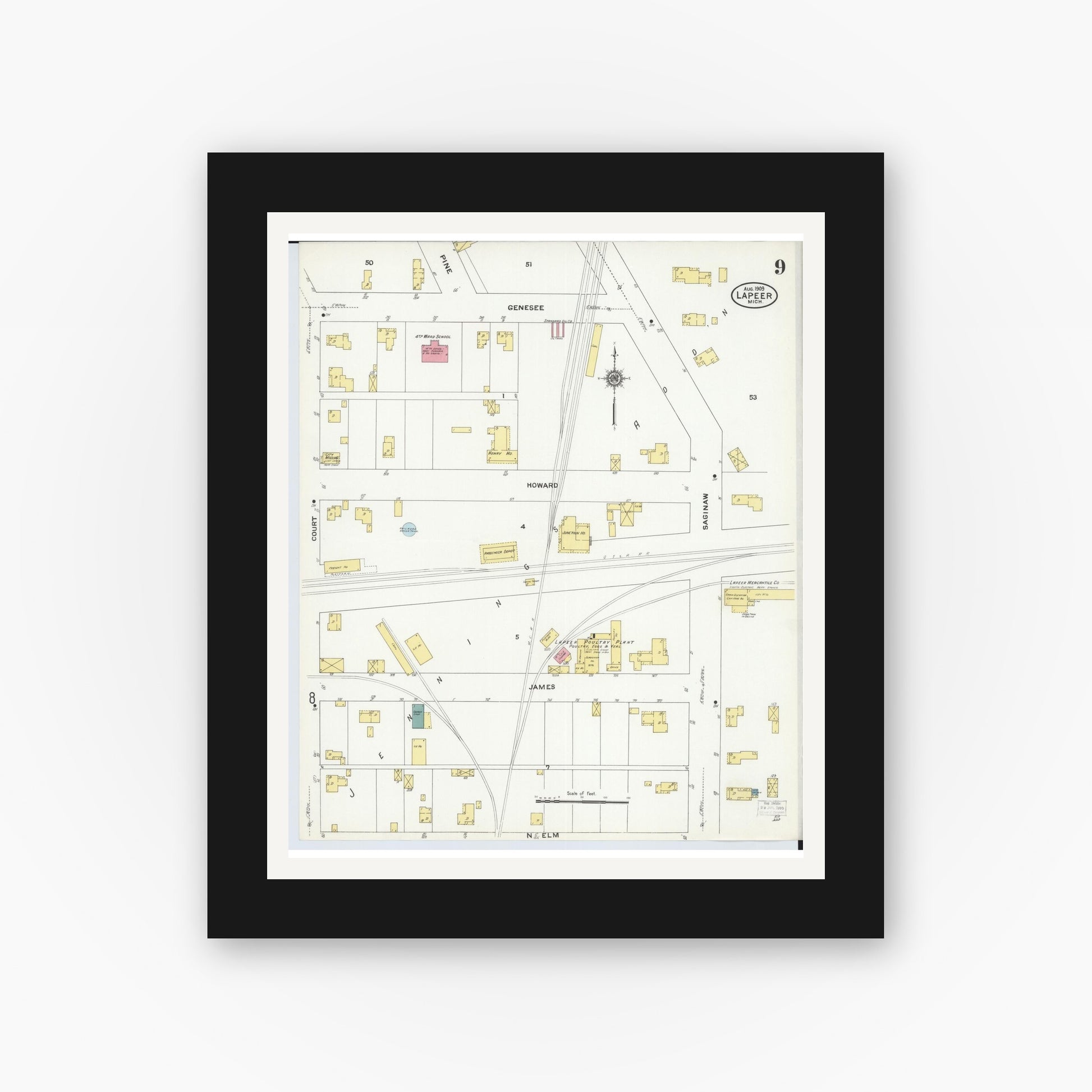 Old map wall art mockup — black gallery frame with white mat — Sanborn Fire Insurance Map from Lapeer, Lapeer County, Michigan (1909), Sheet #0009
