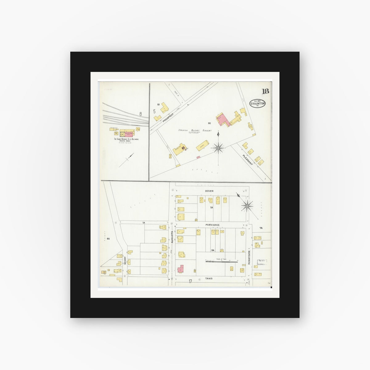 Old map wall art mockup — black gallery frame with white mat — Sanborn Fire Insurance Map from Staunton, Independent Cities, Virginia (1904), Sheet #0018