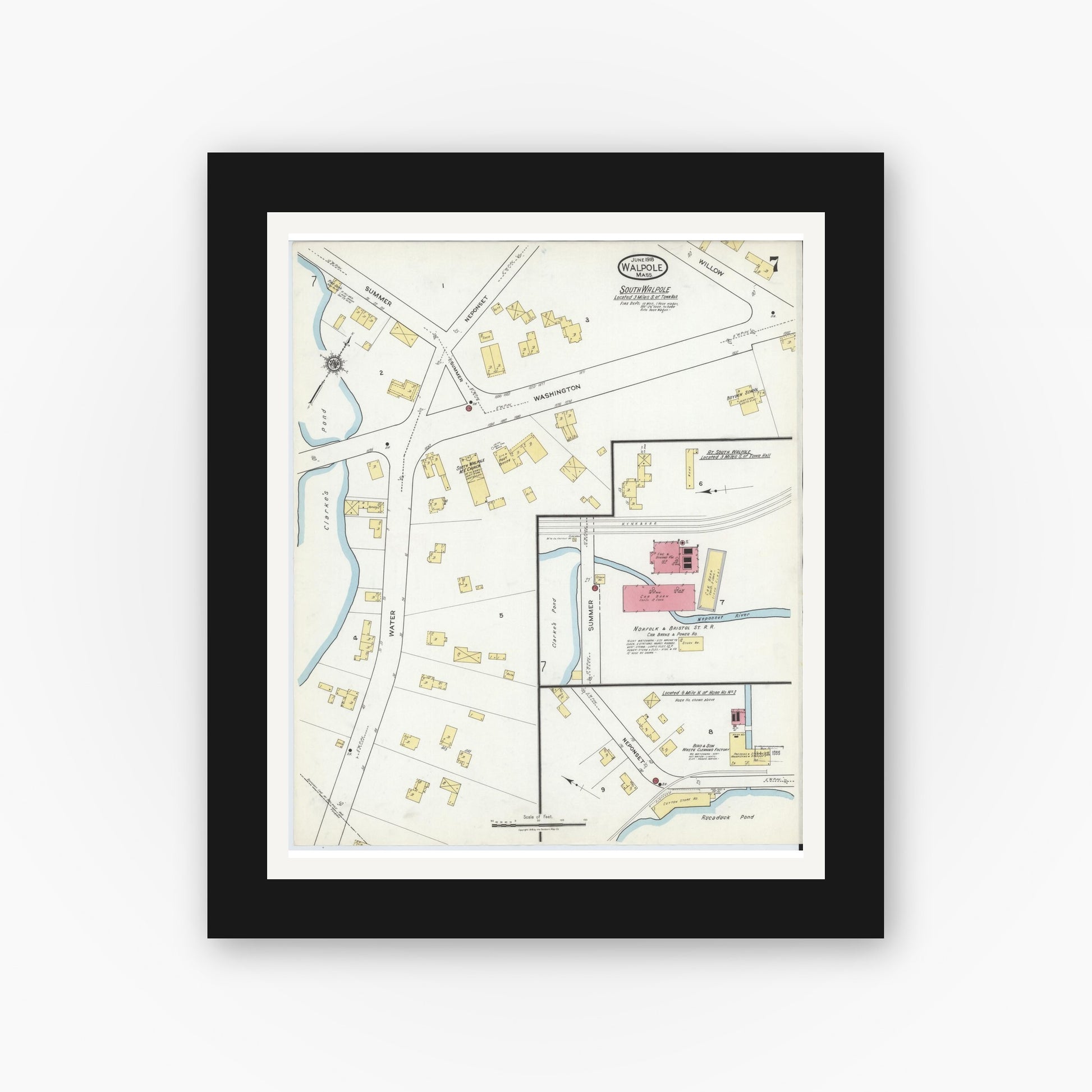 Old map wall art mockup — black gallery frame with white mat — Sanborn Fire Insurance Map from Walpole, Norfolk County, Massachusetts (1918), Sheet #0007