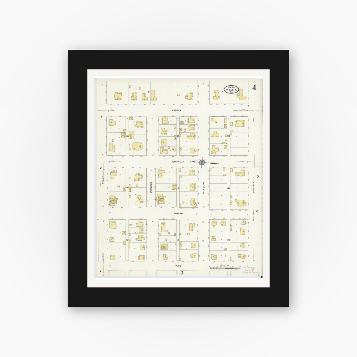 Old map wall art mockup — black gallery frame with white mat — Sanborn Fire Insurance Map from Mexia, Limestone County, Texas (1911), Sheet #0004