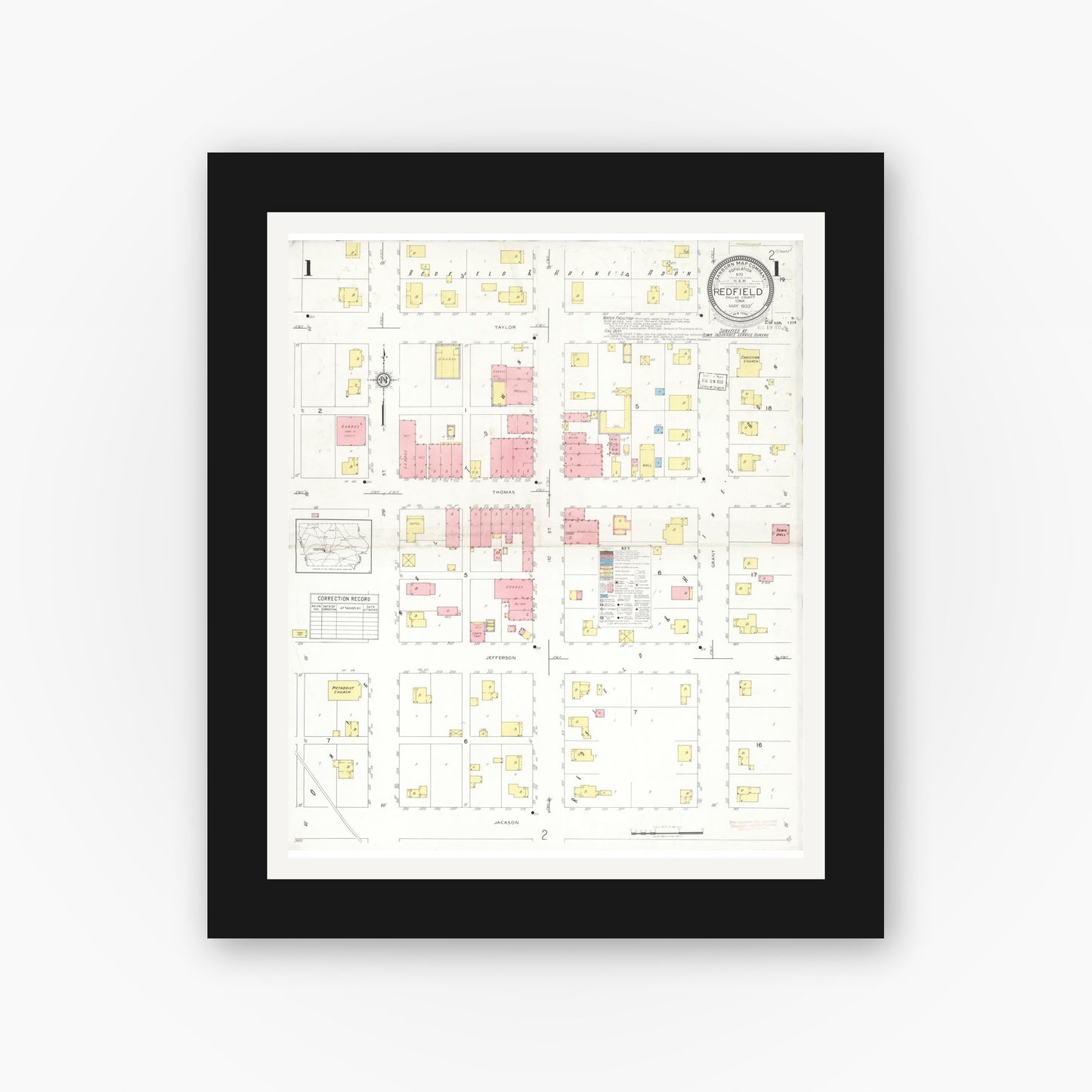Old map wall art mockup — black gallery frame with white mat — Sanborn Fire Insurance Map from Redfield, Dallas County, Iowa (1933), Sheet #0001