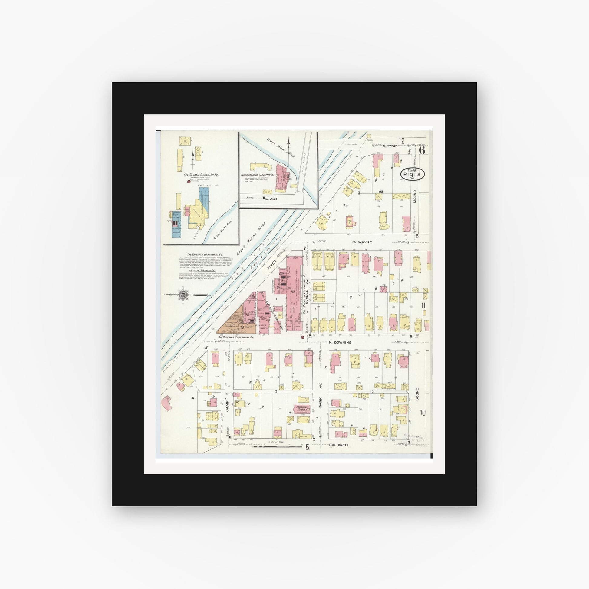 Old map wall art mockup — black gallery frame with white mat — Sanborn Fire Insurance Map from Piqua, Miami County, Ohio (1911), Sheet #0006