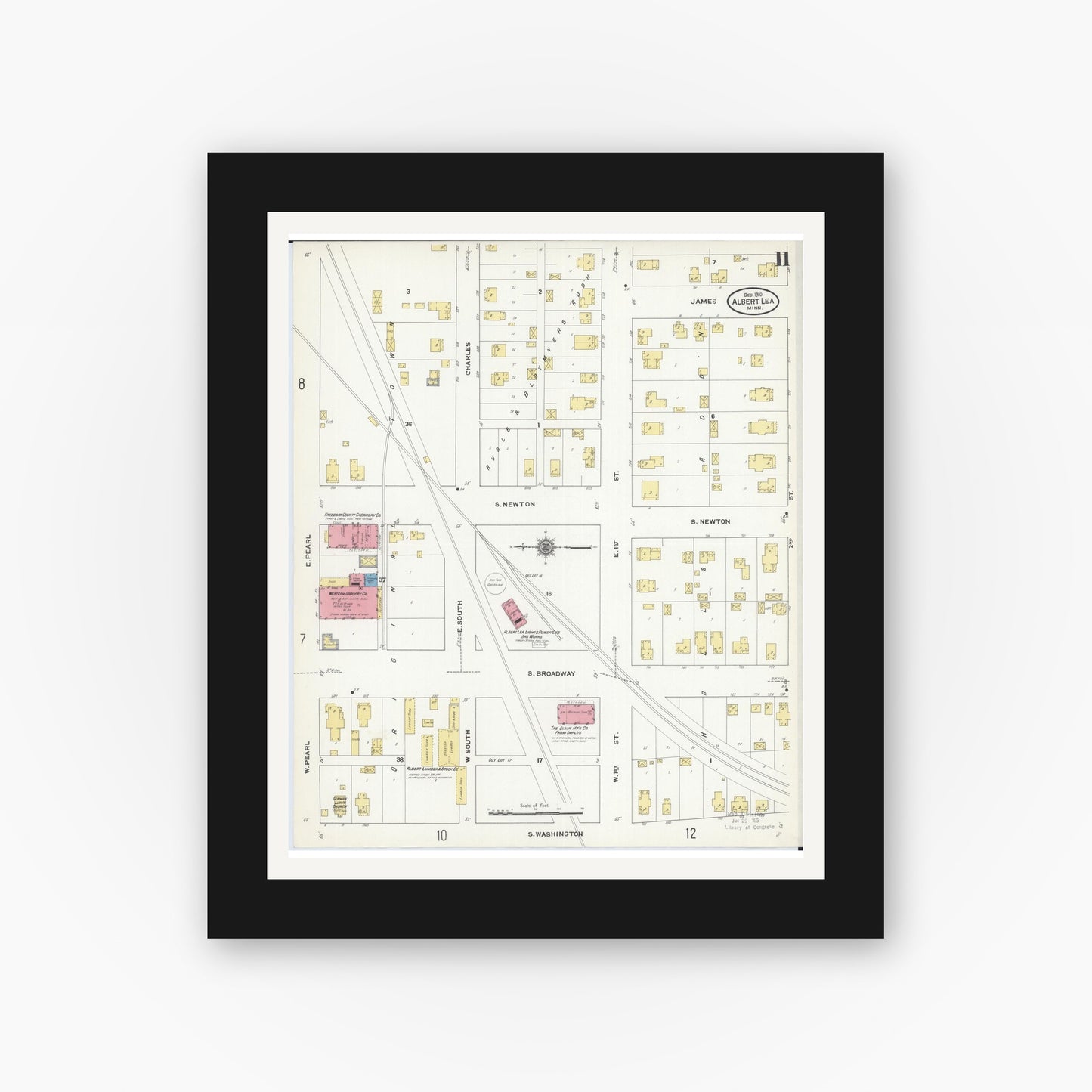 Old map wall art mockup — black gallery frame with white mat — Sanborn Fire Insurance Map from Albert Lea, Freeborn County, Minnesota (1910), Sheet #0011