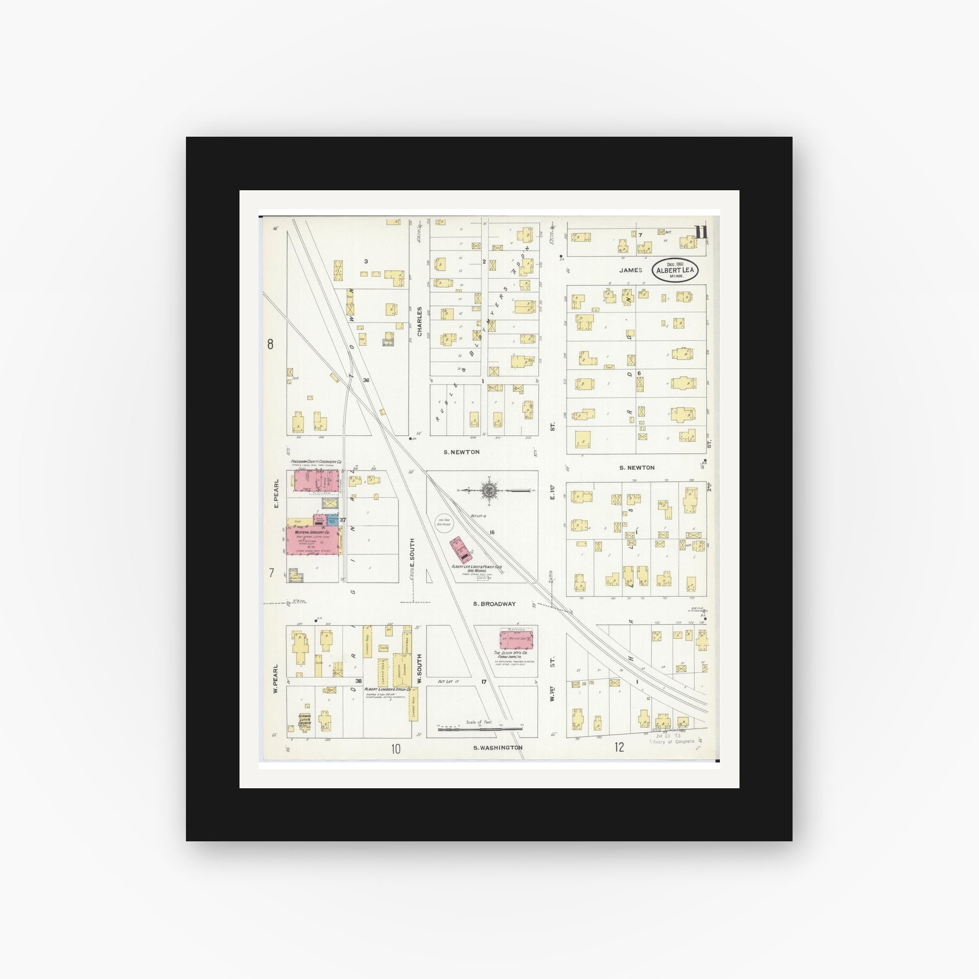 Old map wall art mockup — black gallery frame with white mat — Sanborn Fire Insurance Map from Albert Lea, Freeborn County, Minnesota (1910), Sheet #0011