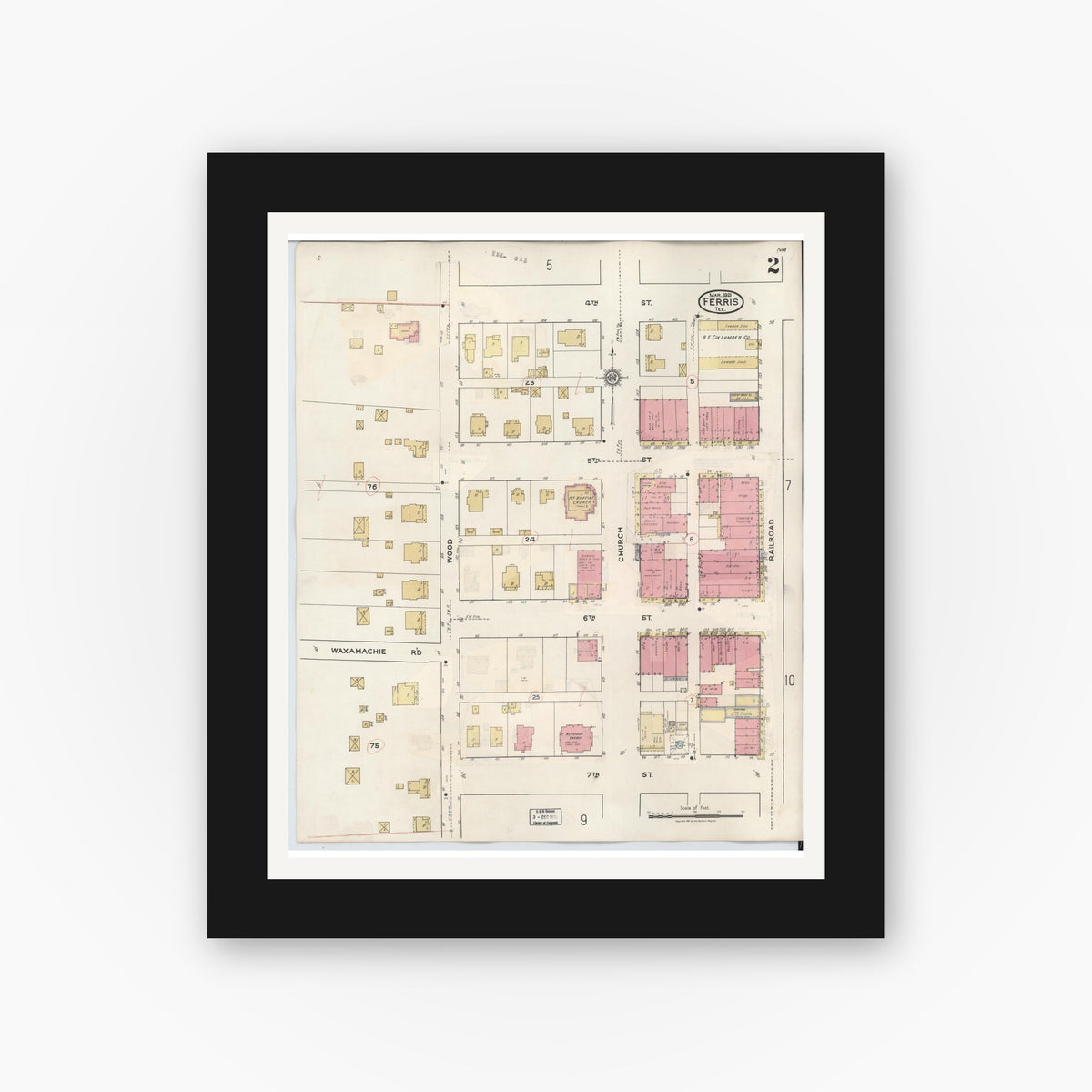 Old map wall art mockup — black gallery frame with white mat — Sanborn Fire Insurance Map from Ferris, Ellis County, Texas (1941), Sheet #0002