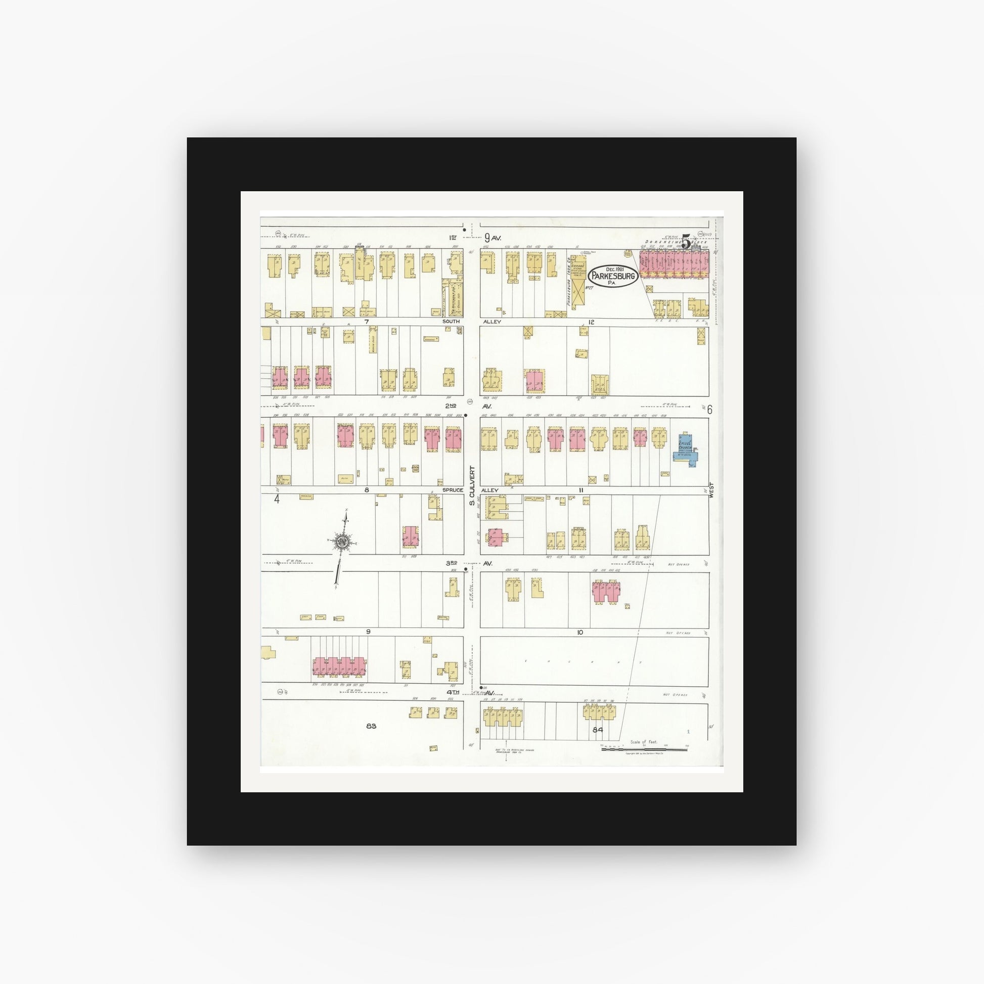 Old map wall art mockup — black gallery frame with white mat — Sanborn Fire Insurance Map from Parkesburg, Chester County, Pennsylvania (1921), Sheet #0005