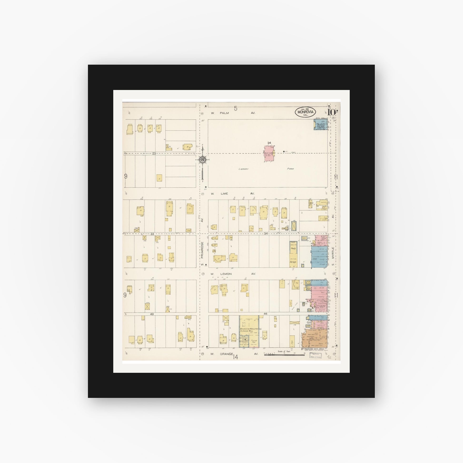 Old map wall art mockup — black gallery frame with white mat — Sanborn Fire Insurance Map from Monrovia, Los Angeles County, California (1913), Sheet #0010