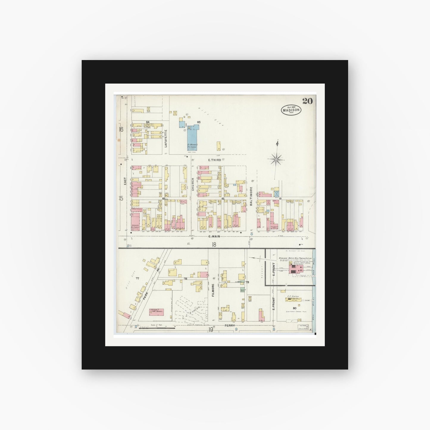 Old map wall art mockup — black gallery frame with white mat — Sanborn Fire Insurance Map from Madison, Jefferson County, Indiana (1897), Sheet #0020