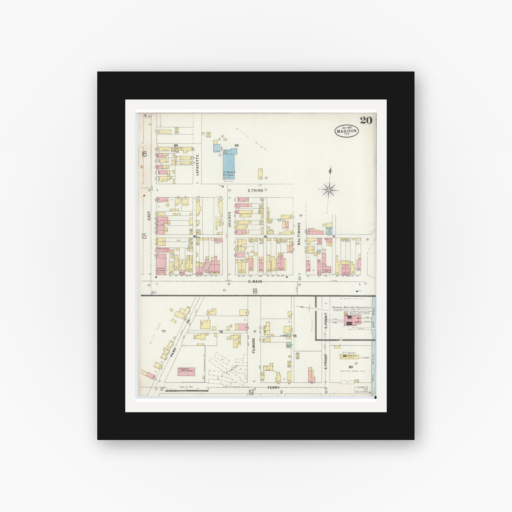 Old map wall art mockup — black gallery frame with white mat — Sanborn Fire Insurance Map from Madison, Jefferson County, Indiana (1897), Sheet #0020