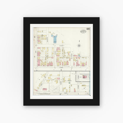 Old map wall art mockup — black gallery frame with white mat — Sanborn Fire Insurance Map from Madison, Jefferson County, Indiana (1897), Sheet #0020