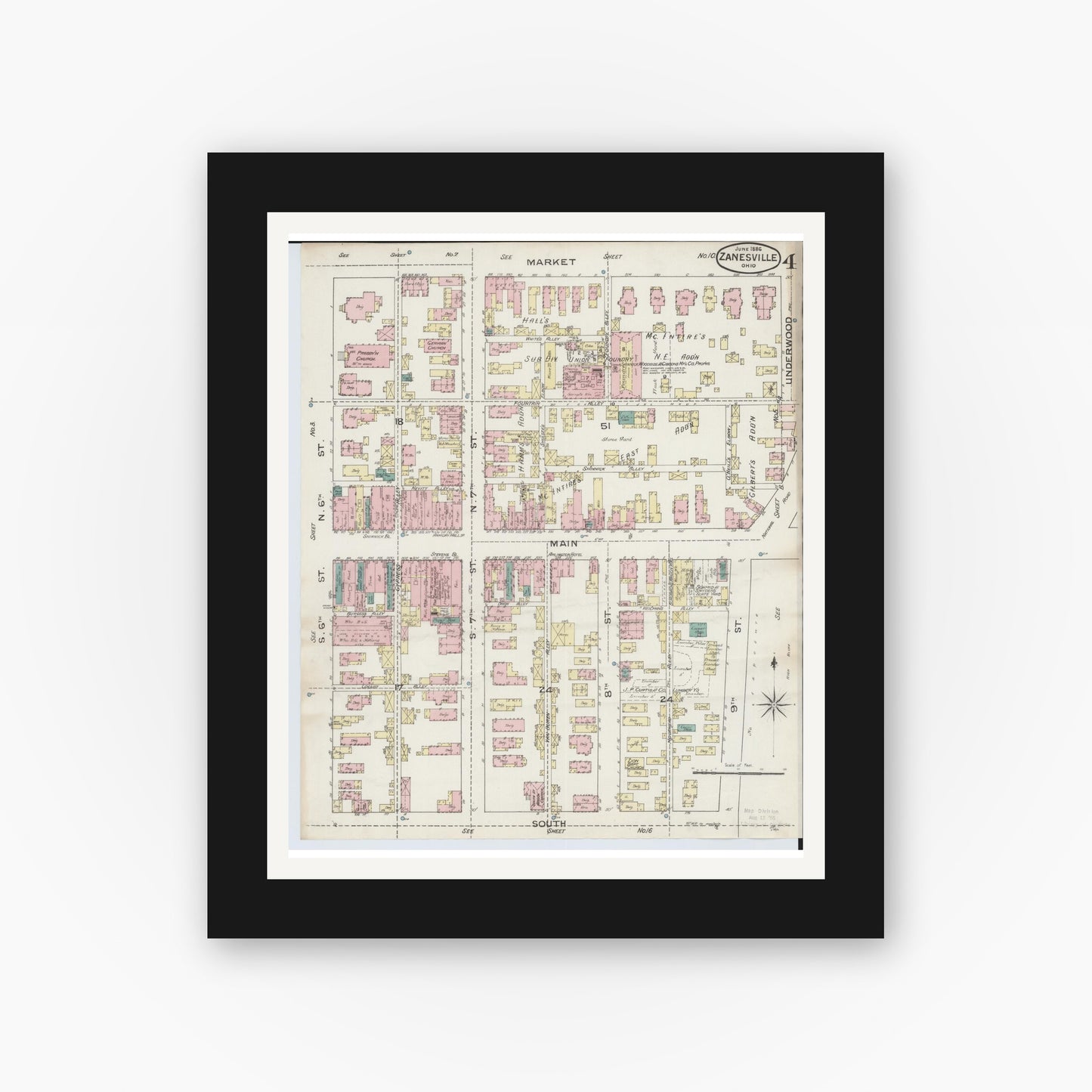 Old map wall art mockup — black gallery frame with white mat — Sanborn Fire Insurance Map from Zanesville, Muskingum County, Ohio (1886), Sheet #0004