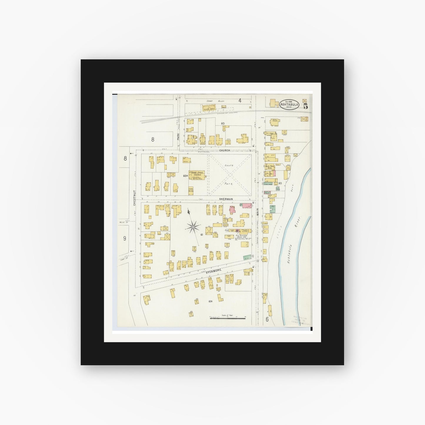 Old map wall art mockup — black gallery frame with white mat — Sanborn Fire Insurance Map from Ashtabula, Ashtabula County, Ohio (1898), Sheet #0005