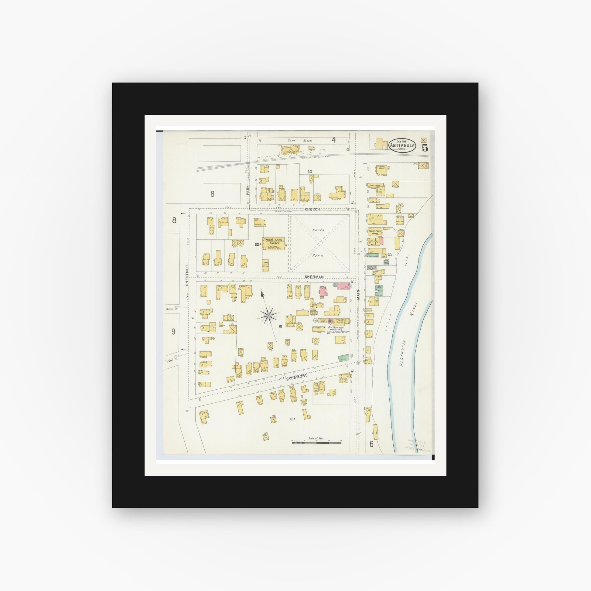 Old map wall art mockup — black gallery frame with white mat — Sanborn Fire Insurance Map from Ashtabula, Ashtabula County, Ohio (1898), Sheet #0005