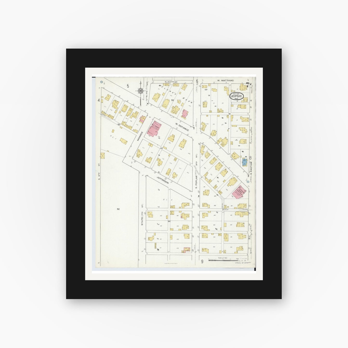Old map wall art mockup — black gallery frame with white mat — Sanborn Fire Insurance Map from Leipsic, Putnam County, Ohio (1916), Sheet #0007