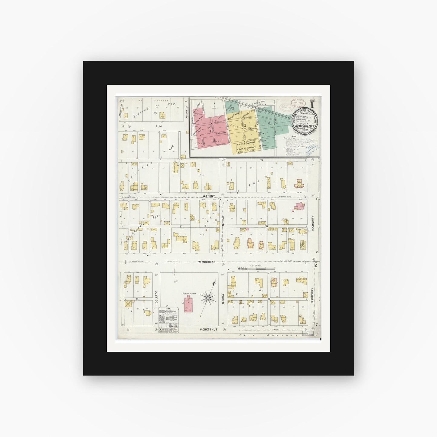 Old map wall art mockup — black gallery frame with white mat — Sanborn Fire Insurance Map from New Carlisle, Saint Joseph County, Indiana (1899) - Complete Map Set