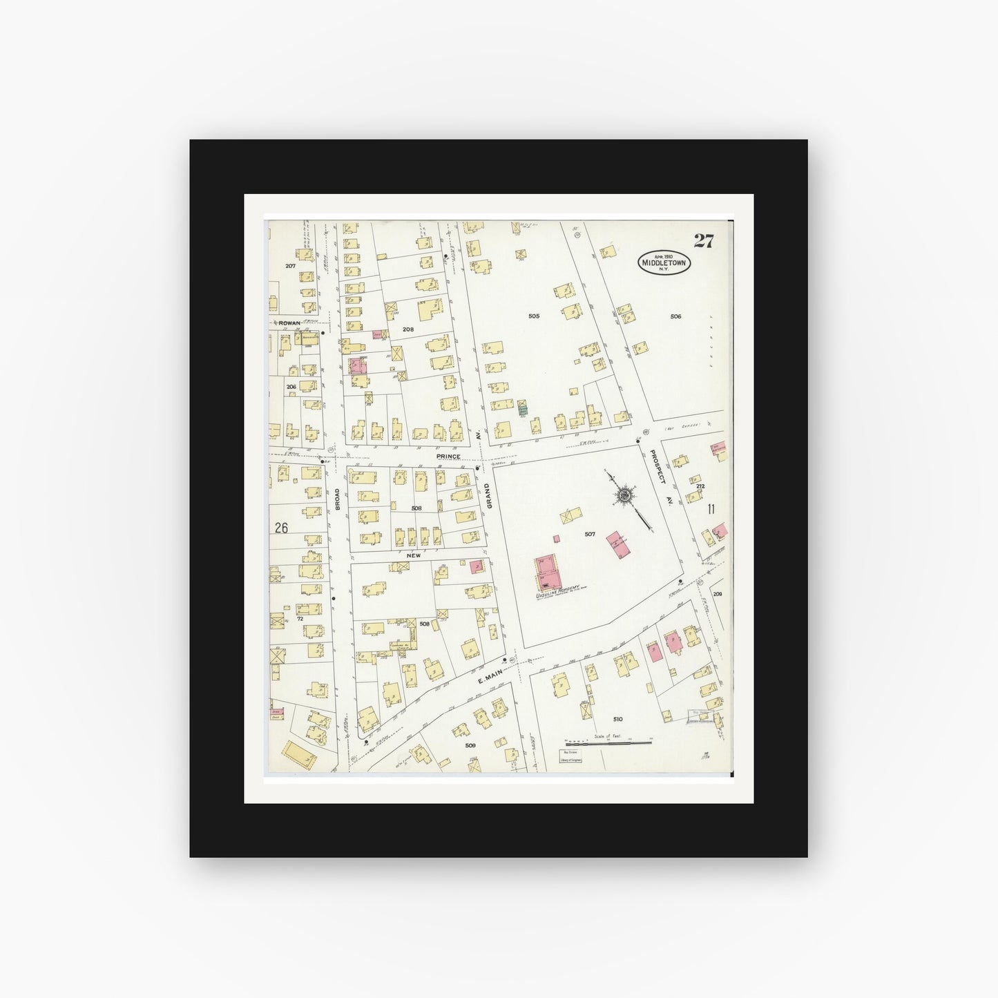 Old map wall art mockup — black gallery frame with white mat — Sanborn Fire Insurance Map from Middletown, Orange County, New York (1910), Sheet #0027