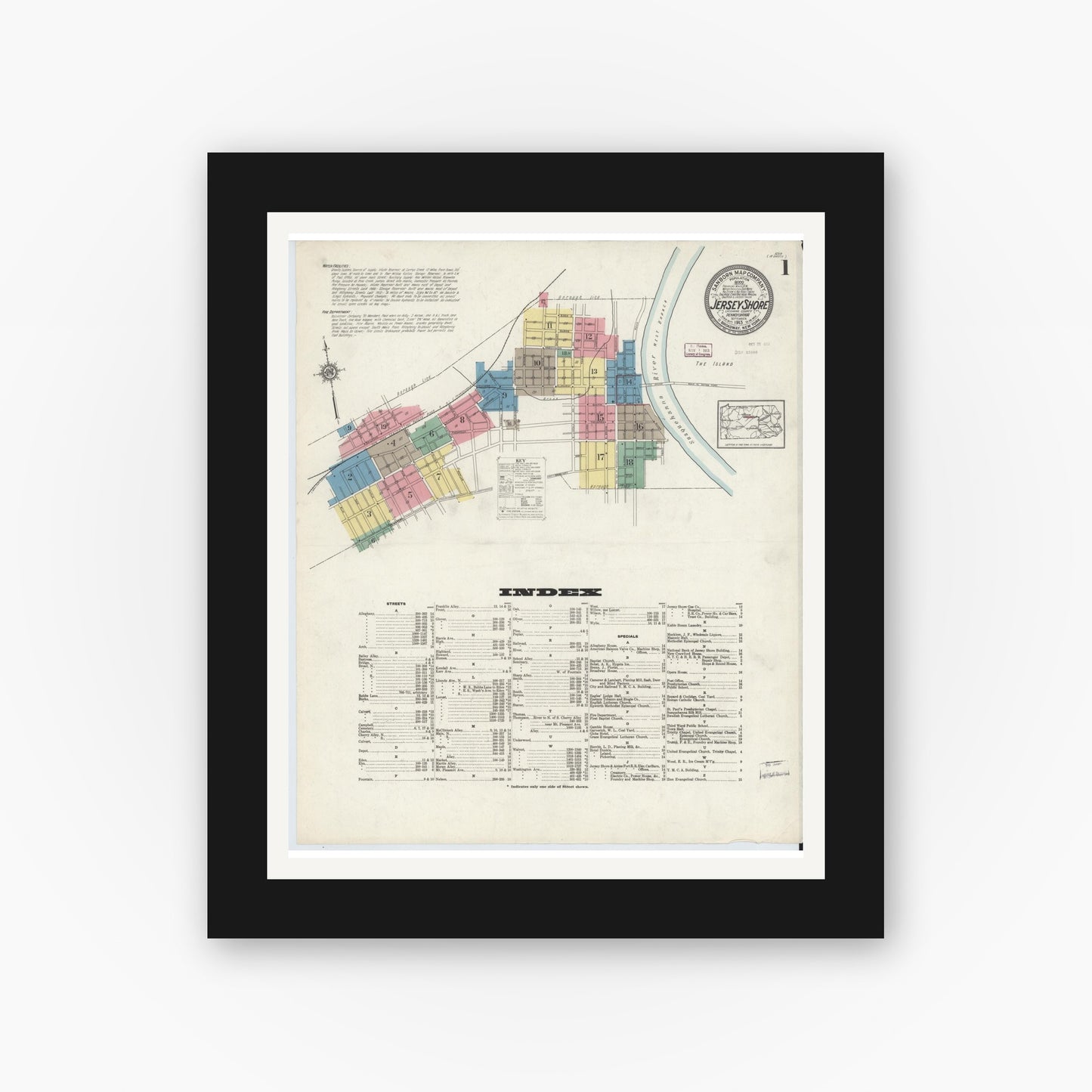 Old map wall art mockup — black gallery frame with white mat — Sanborn Fire Insurance Map from Jersey Shore, Lycoming County, Pennsylvania (1913), Sheet #0001