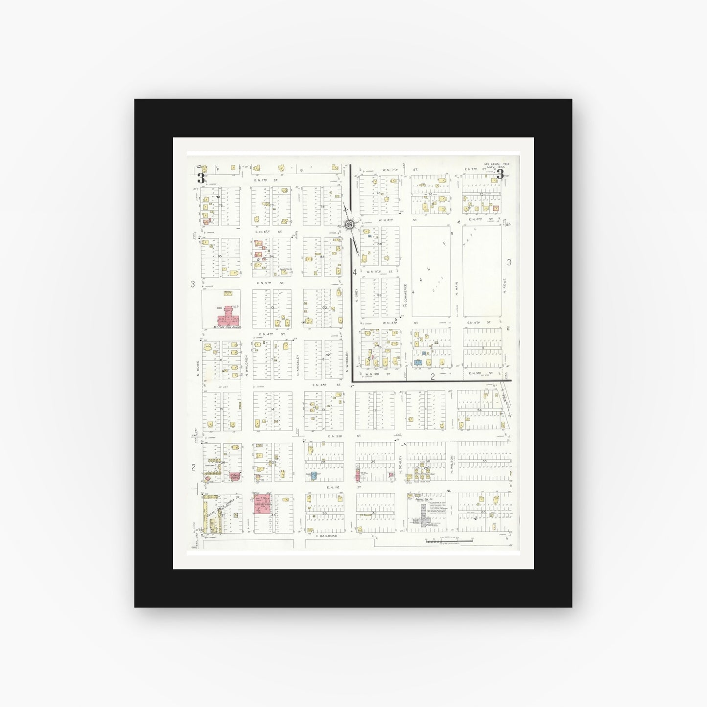 Old map wall art mockup — black gallery frame with white mat — Sanborn Fire Insurance Map from McLean, Gray County, Texas (1933), Sheet #0003