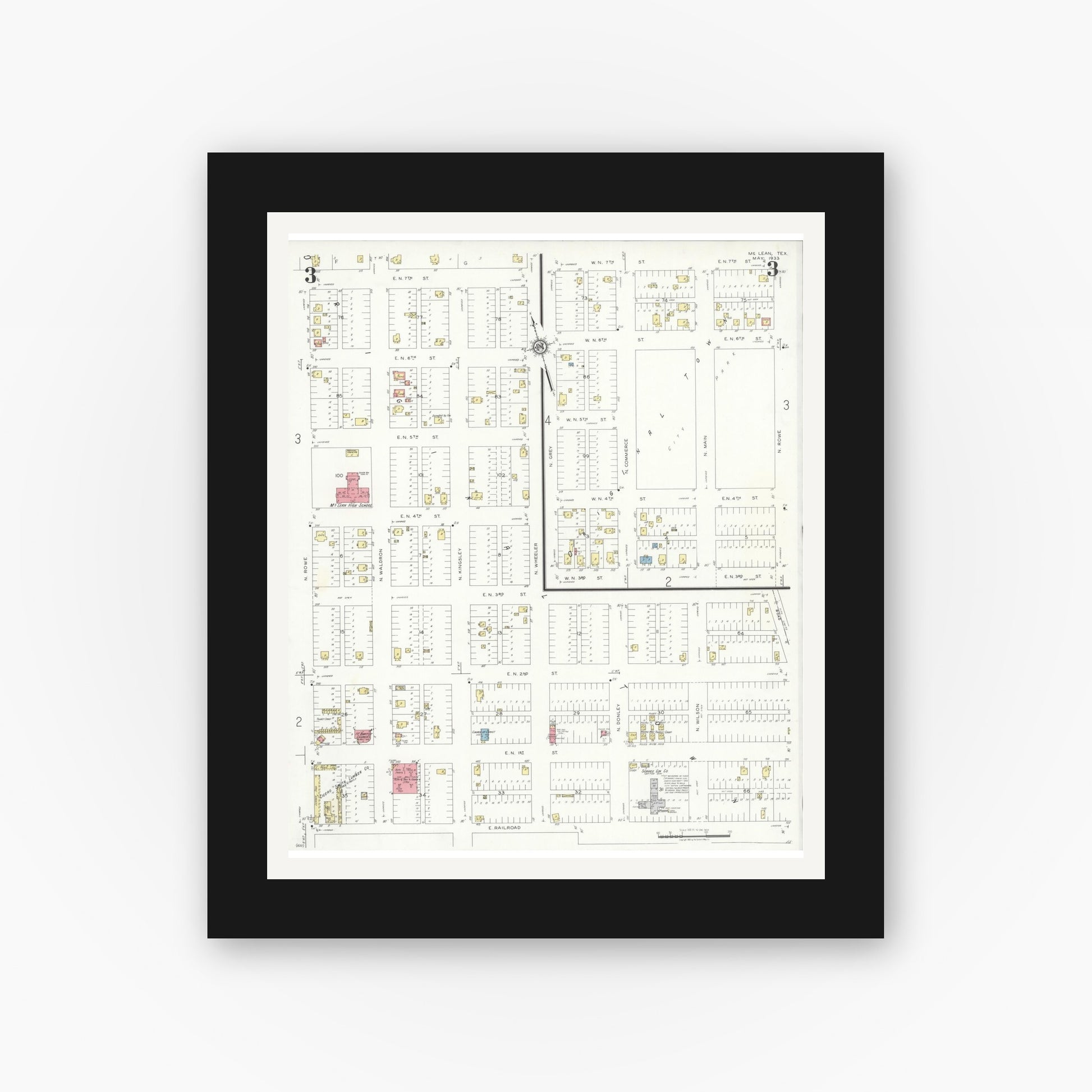 Old map wall art mockup — black gallery frame with white mat — Sanborn Fire Insurance Map from McLean, Gray County, Texas (1933), Sheet #0003