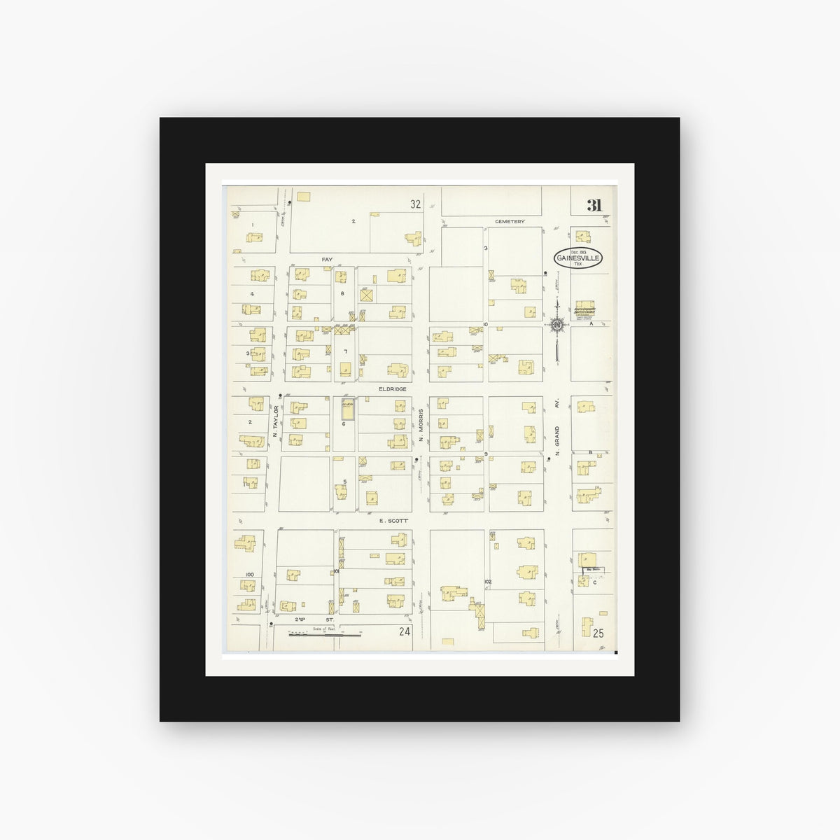 Old map wall art mockup — black gallery frame with white mat — Sanborn Fire Insurance Map from Gainesville, Cooke County, Texas (1913), Sheet #0031