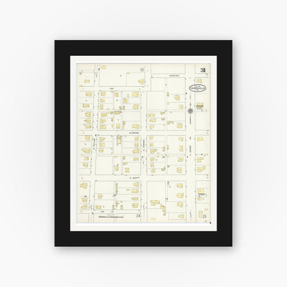 Old map wall art mockup — black gallery frame with white mat — Sanborn Fire Insurance Map from Gainesville, Cooke County, Texas (1913), Sheet #0031