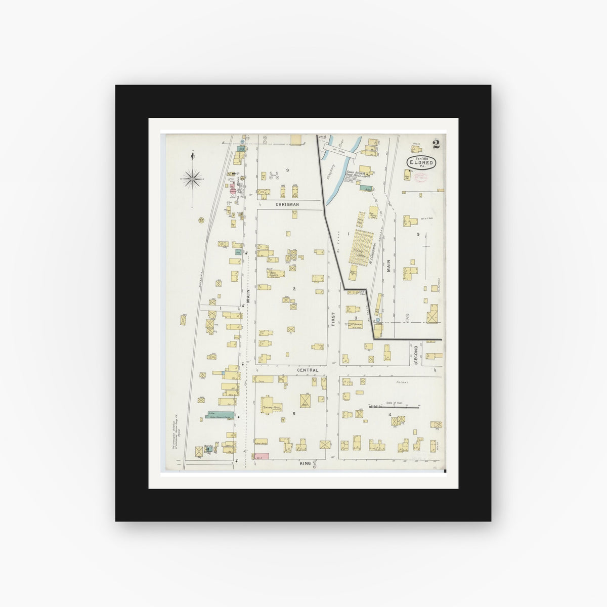 Old map wall art mockup — black gallery frame with white mat — Sanborn Fire Insurance Map from Eldred, McKean County, Pennsylvania (1894), Sheet #0002