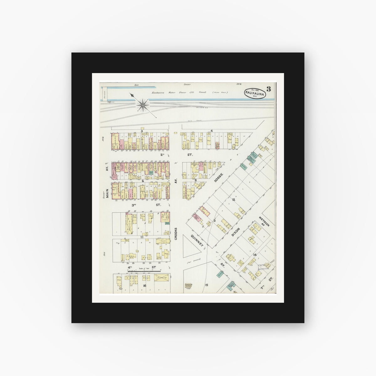 Old map wall art mockup — black gallery frame with white mat — Sanborn Fire Insurance Map from Kaukauna, Outagamie County, Wisconsin (1890), Sheet #0003