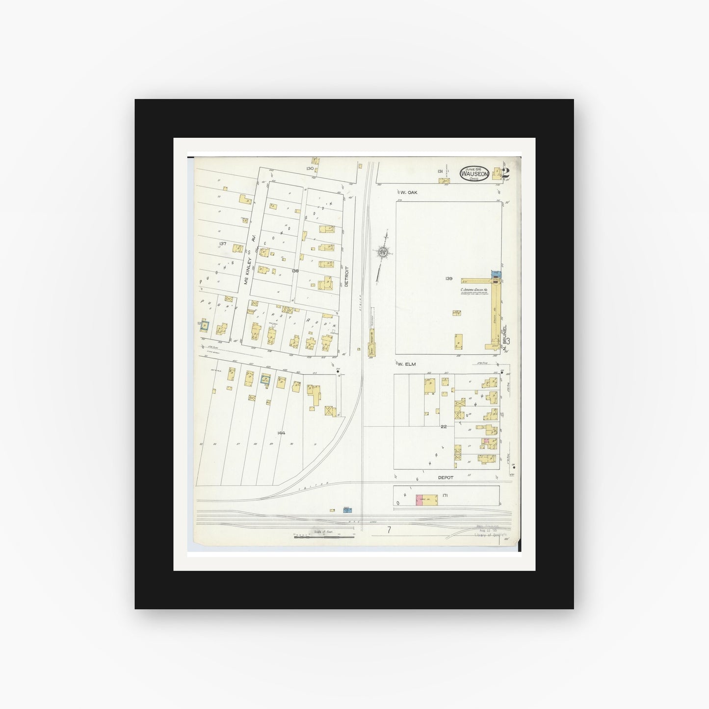 Old map wall art mockup — black gallery frame with white mat — Sanborn Fire Insurance Map from Wauseon, Fulton County, Ohio (1916), Sheet #0002