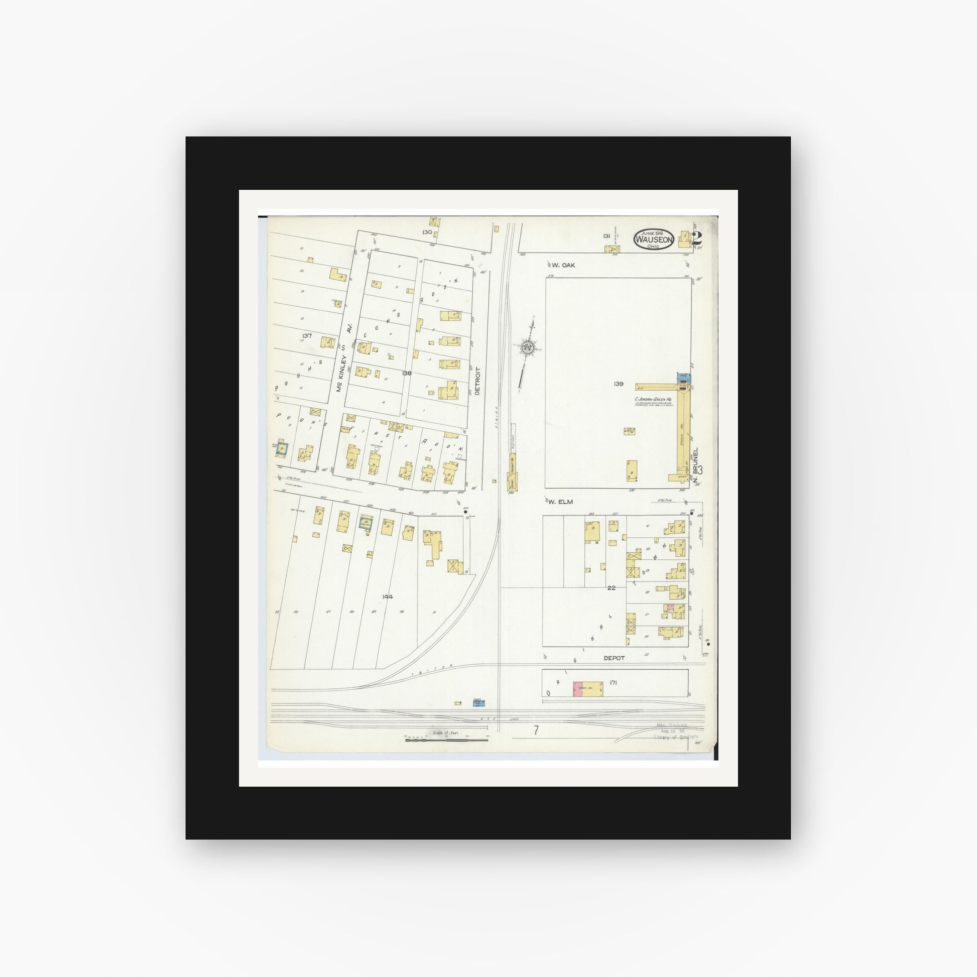 Old map wall art mockup — black gallery frame with white mat — Sanborn Fire Insurance Map from Wauseon, Fulton County, Ohio (1916), Sheet #0002
