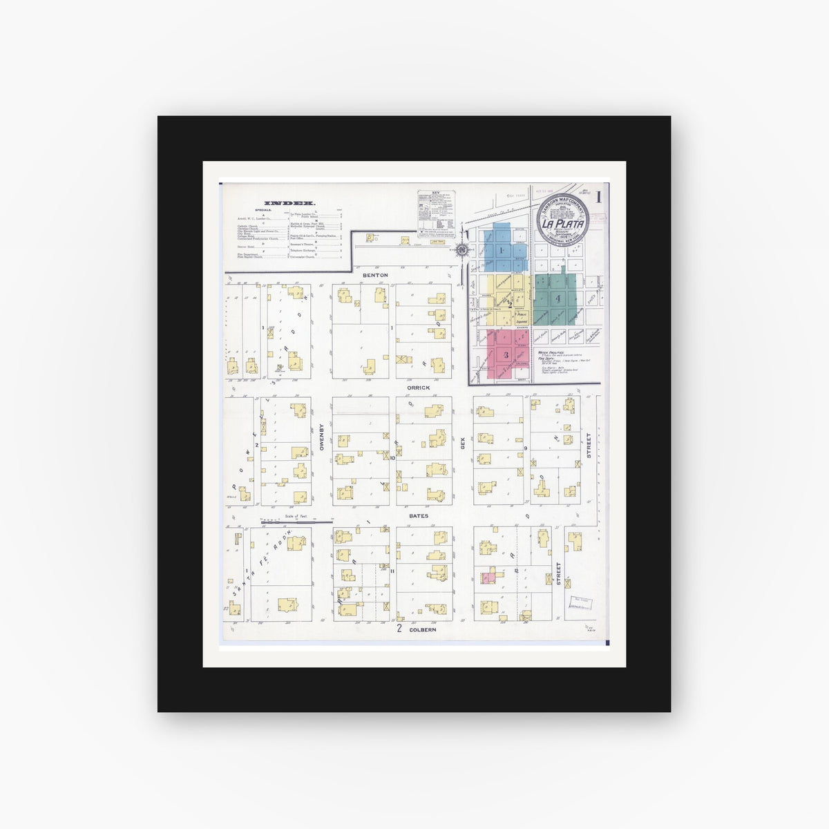 Old map wall art mockup — black gallery frame with white mat — Sanborn Fire Insurance Map from La Plata, Macon County, Missouri (1909) - Complete Map Set