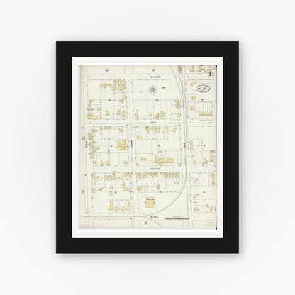 Old map wall art mockup — black gallery frame with white mat — Sanborn Fire Insurance Map from Palatka, Putnam County, Florida (1897), Sheet #0011