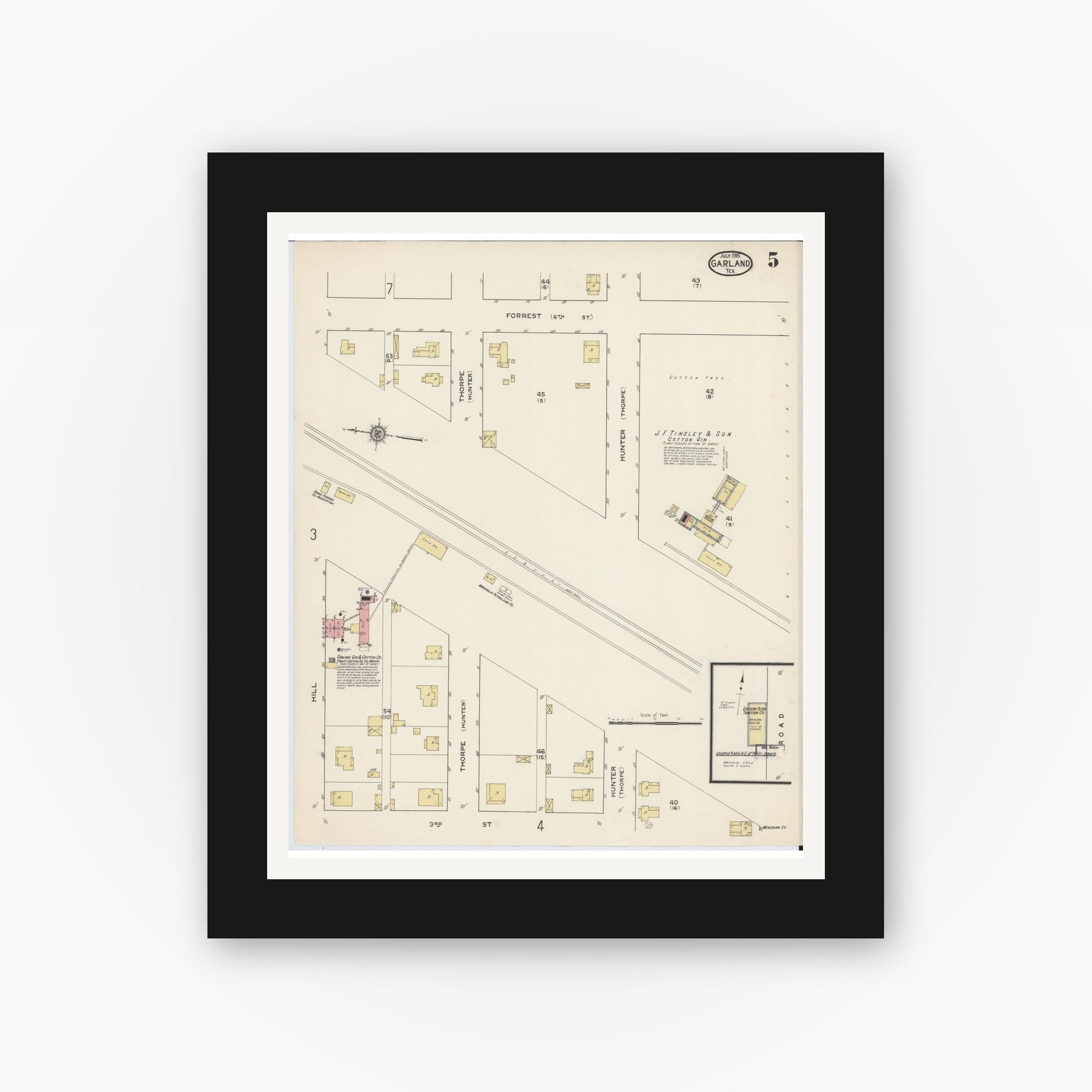Old map wall art mockup — black gallery frame with white mat — Sanborn Fire Insurance Map from Garland, Dallas County, Texas (1915), Sheet #0005