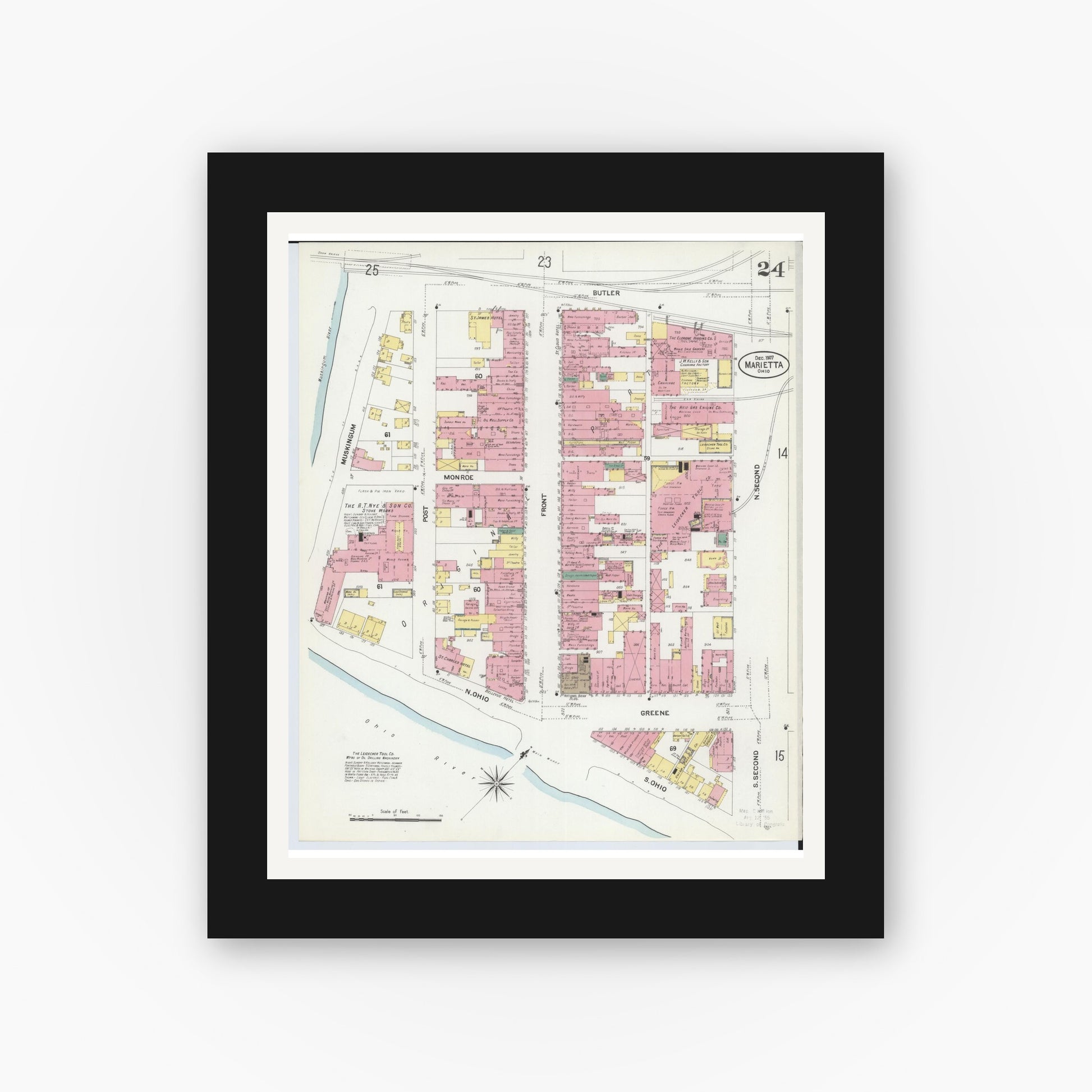 Old map wall art mockup — black gallery frame with white mat — Sanborn Fire Insurance Map from Marietta, Washington County, Ohio (1907), Sheet #0024
