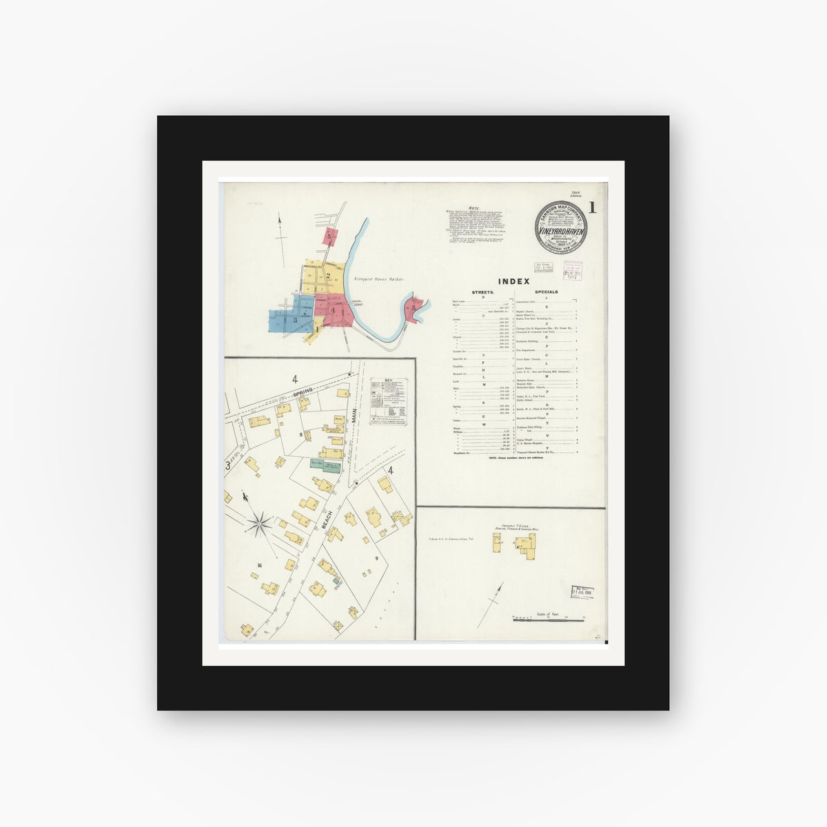 Old map wall art mockup — black gallery frame with white mat — Sanborn Fire Insurance Map from Vineyard Haven, Dukes County, Massachusetts (1904), Sheet #0001