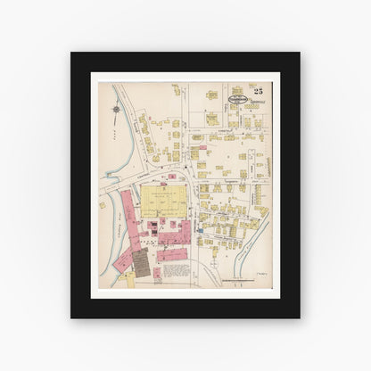 Old map wall art mockup — black gallery frame with white mat — Sanborn Fire Insurance Map from Framingham, Middlesex County, Massachusetts (1922), Sheet #0025