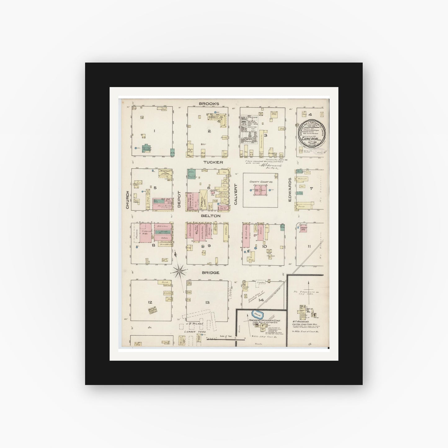 Old map wall art mockup — black gallery frame with white mat — Sanborn Fire Insurance Map from Cameron, Milam County, Texas (1885), Sheet #0001