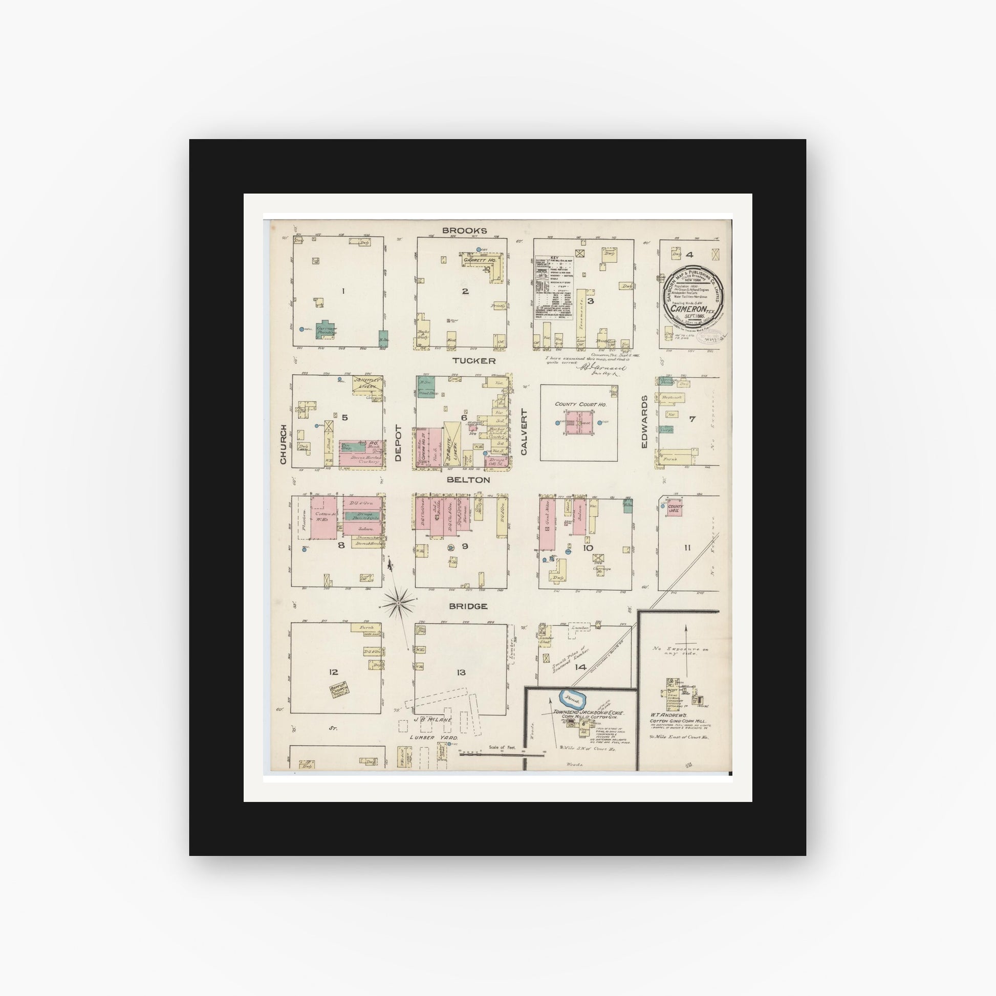 Old map wall art mockup — black gallery frame with white mat — Sanborn Fire Insurance Map from Cameron, Milam County, Texas (1885), Sheet #0001