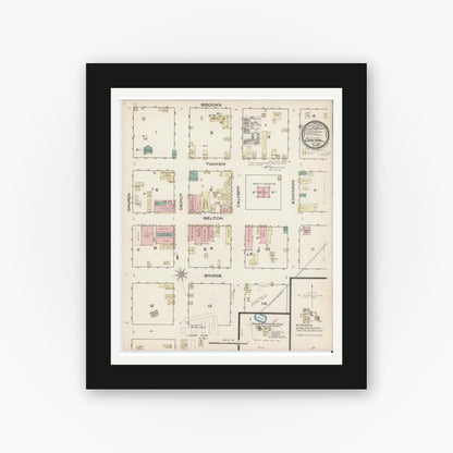 Old map wall art mockup — black gallery frame with white mat — Sanborn Fire Insurance Map from Cameron, Milam County, Texas (1885), Sheet #0001