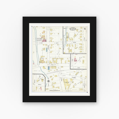 Old map wall art mockup — black gallery frame with white mat — Sanborn Fire Insurance Map from Whitewater, Walworth County, Wisconsin (1912), Sheet #0006