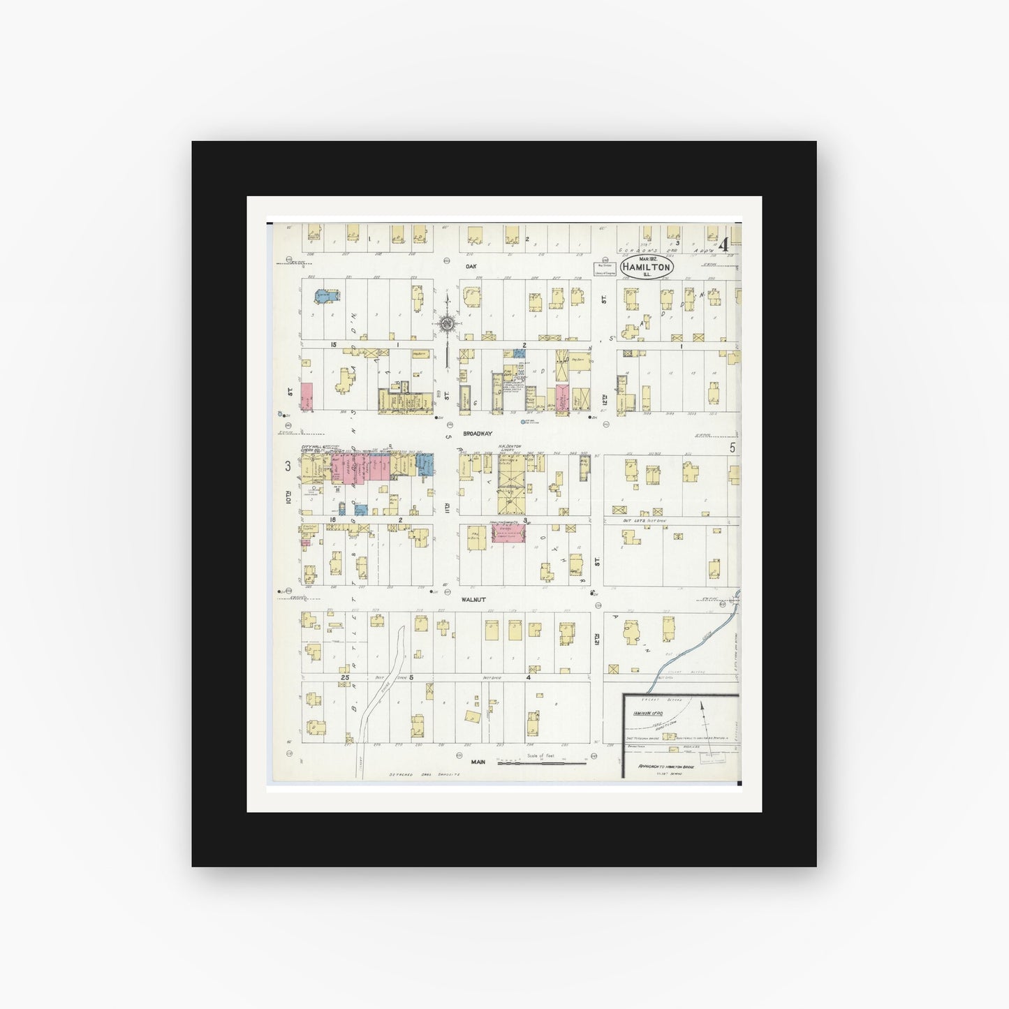 Old map wall art mockup — black gallery frame with white mat — Sanborn Fire Insurance Map from Hamilton, Hancock County, Illinois (1912), Sheet #0004