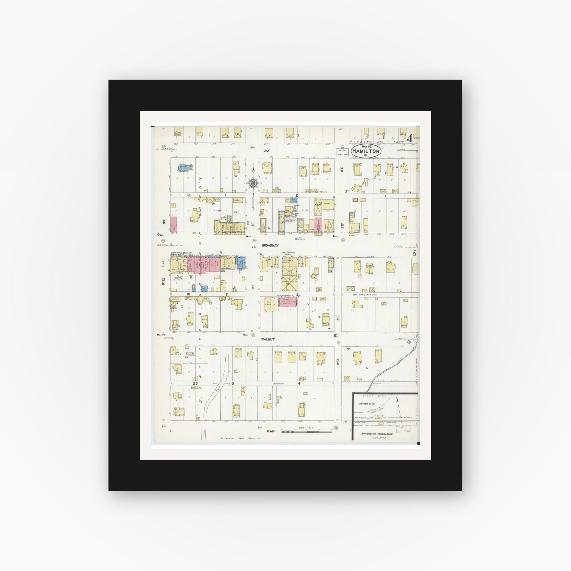 Old map wall art mockup — black gallery frame with white mat — Sanborn Fire Insurance Map from Hamilton, Hancock County, Illinois (1912), Sheet #0004