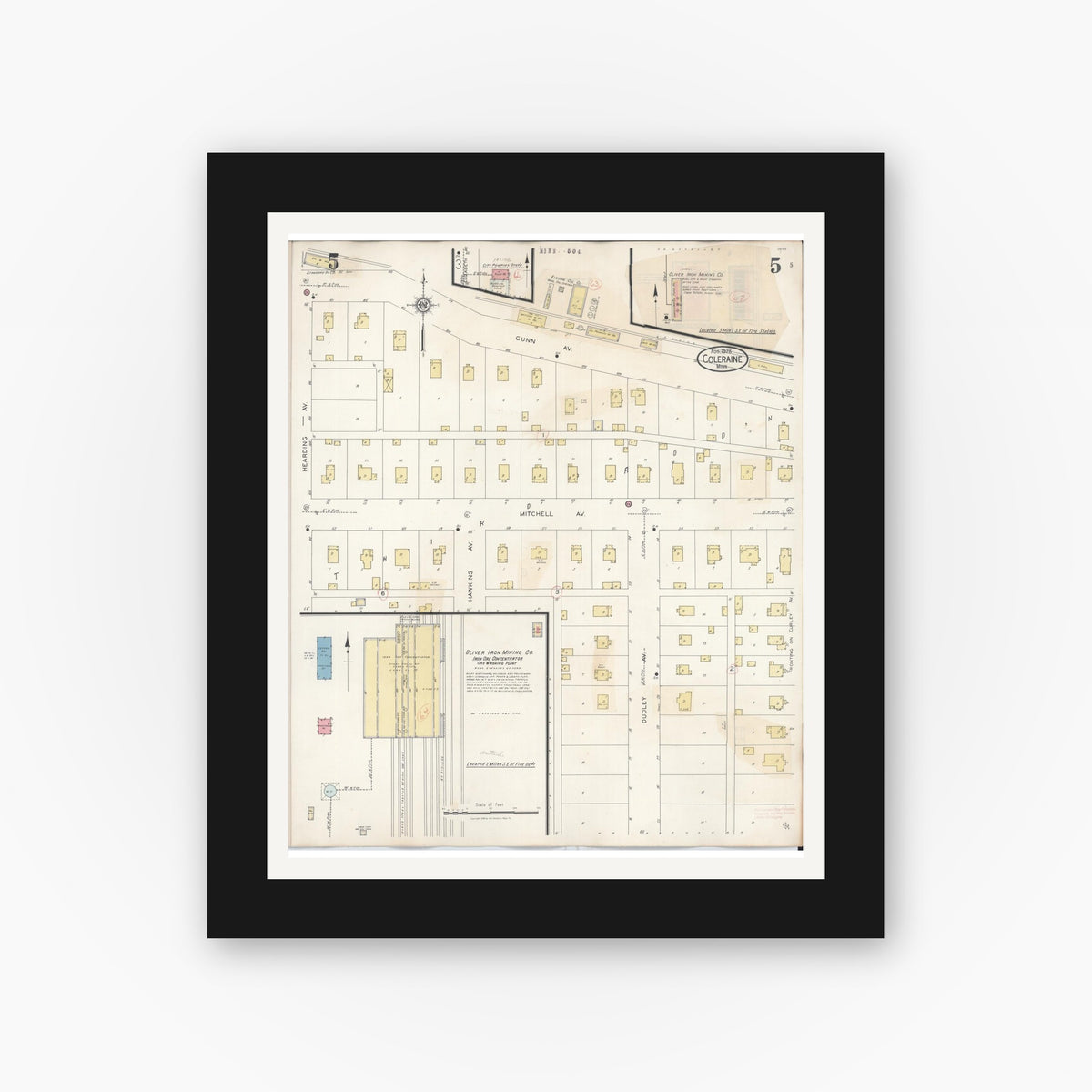 Old map wall art mockup — black gallery frame with white mat — Sanborn Fire Insurance Map from Coleraine, Itasca County, Minnesota (1944), Sheet #0005