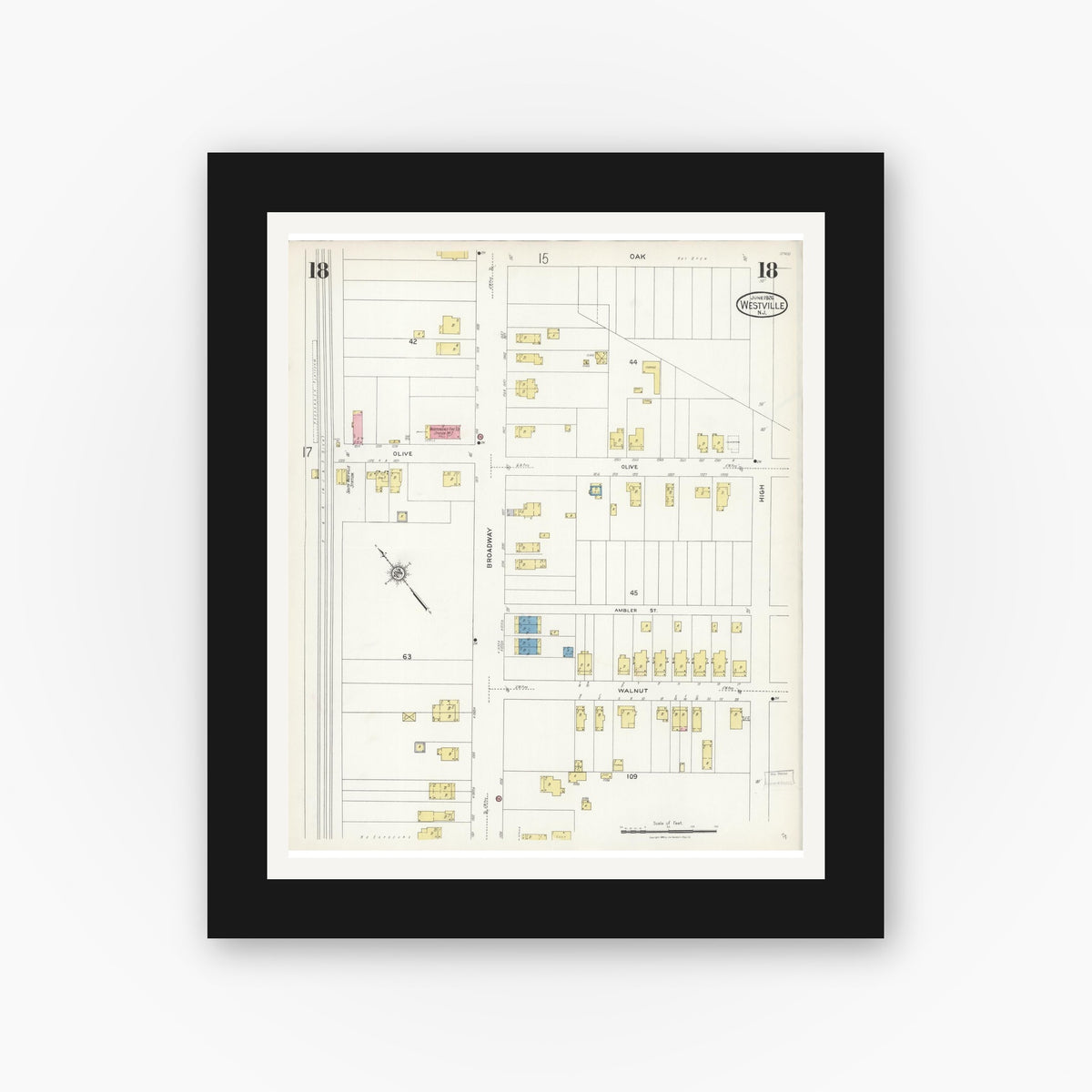 Old map wall art mockup — black gallery frame with white mat — Sanborn Fire Insurance Map from Westville, Gloucester County, New Jersey (1926), Sheet #0018