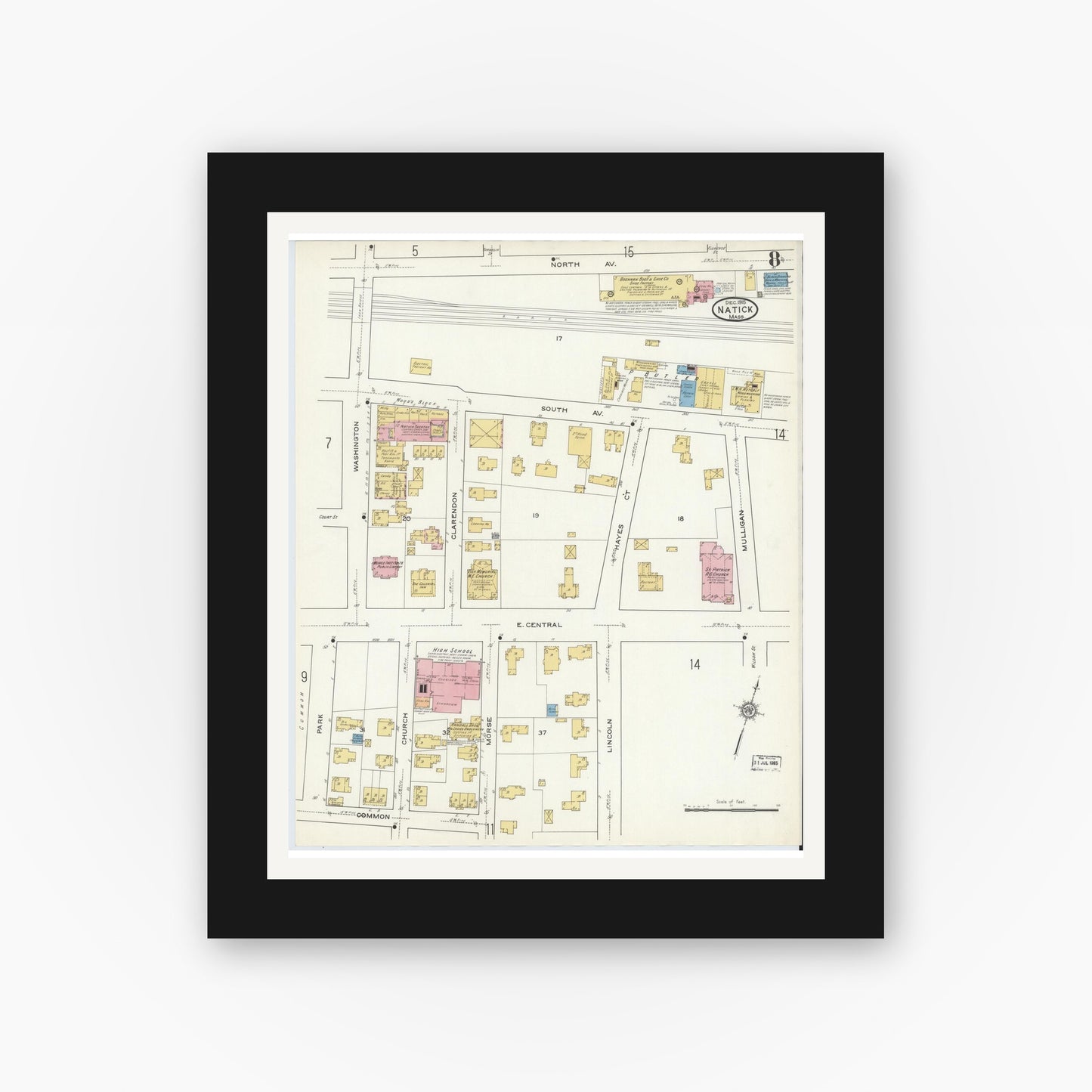 Old map wall art mockup — black gallery frame with white mat — Sanborn Fire Insurance Map from Natick, Middlesex County, Massachusetts (1915), Sheet #0008