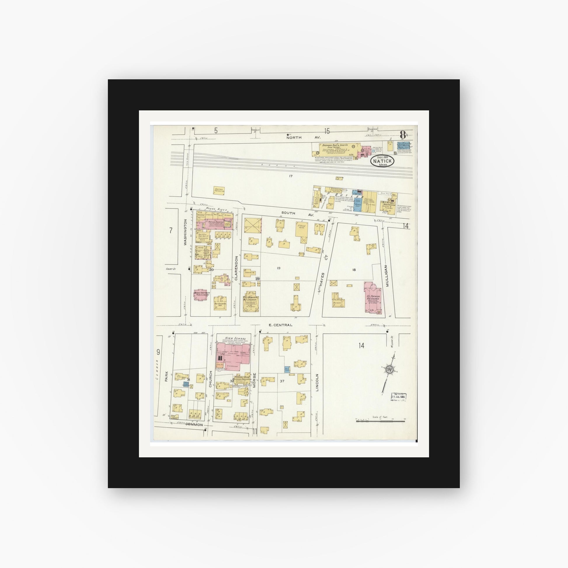 Old map wall art mockup — black gallery frame with white mat — Sanborn Fire Insurance Map from Natick, Middlesex County, Massachusetts (1915), Sheet #0008