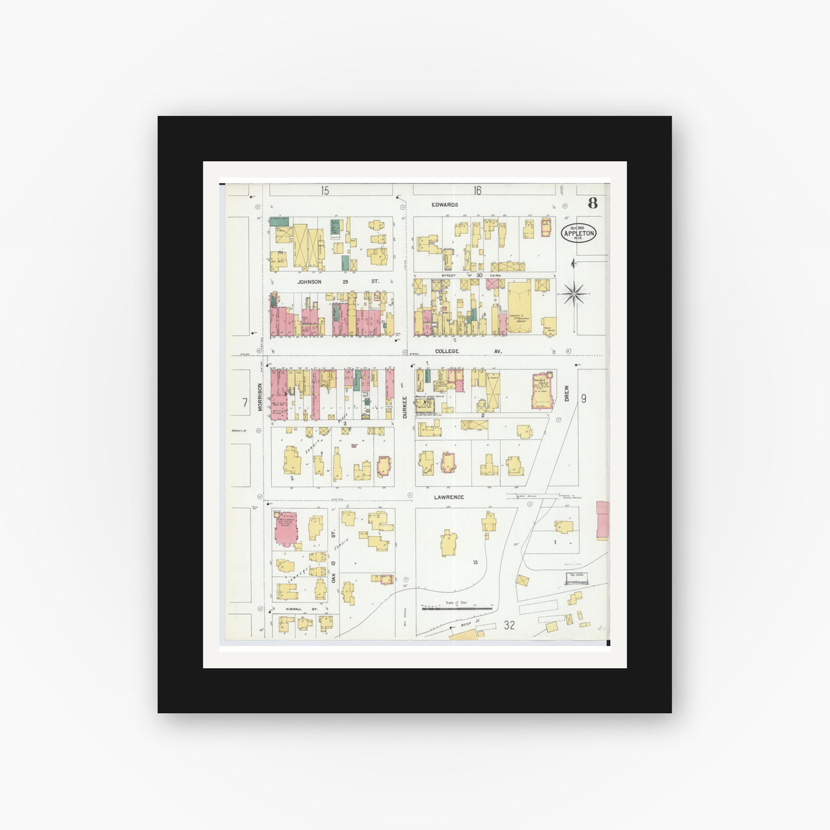 Old map wall art mockup — black gallery frame with white mat — Sanborn Fire Insurance Map from Appleton, Outagamie County, Wisconsin (1901), Sheet #0008