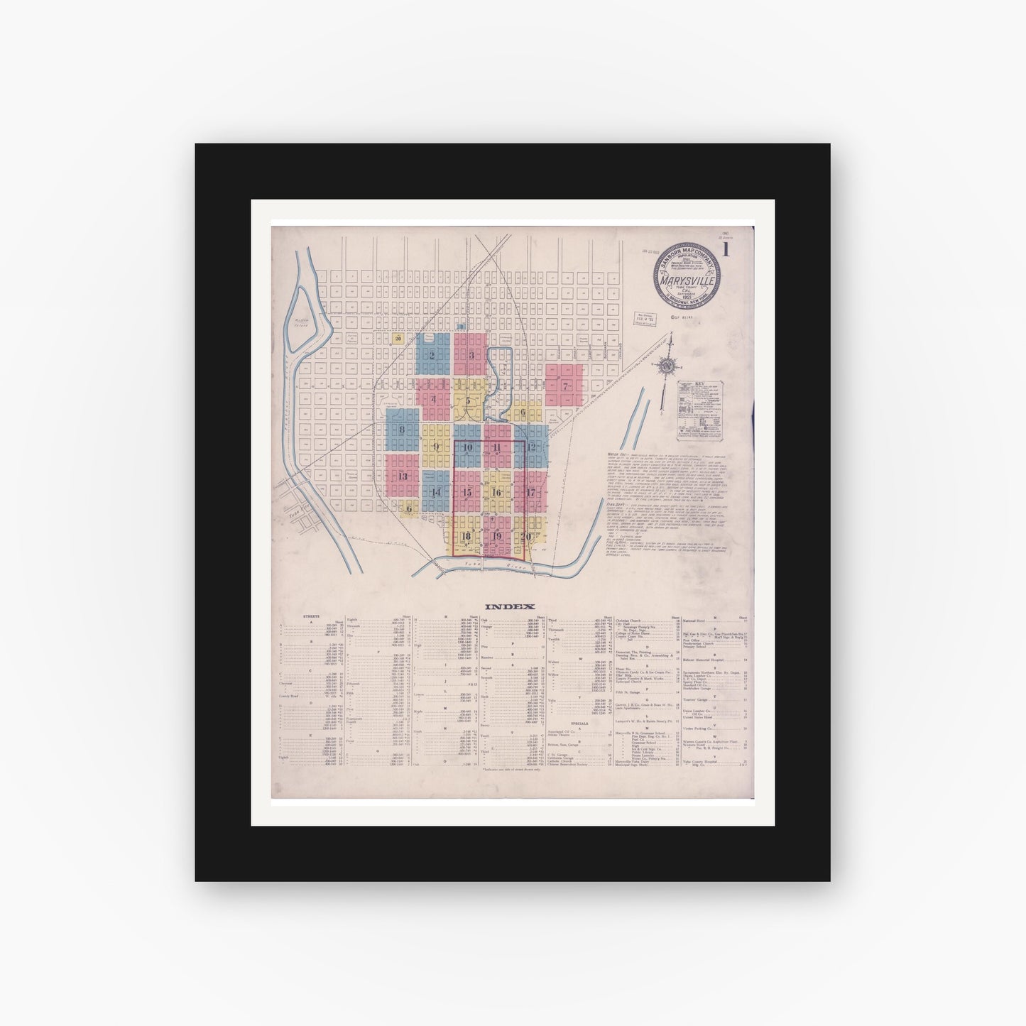 Old map wall art mockup — black gallery frame with white mat — Sanborn Fire Insurance Map from Marysville, Yuba County, California (1921), Sheet #0001