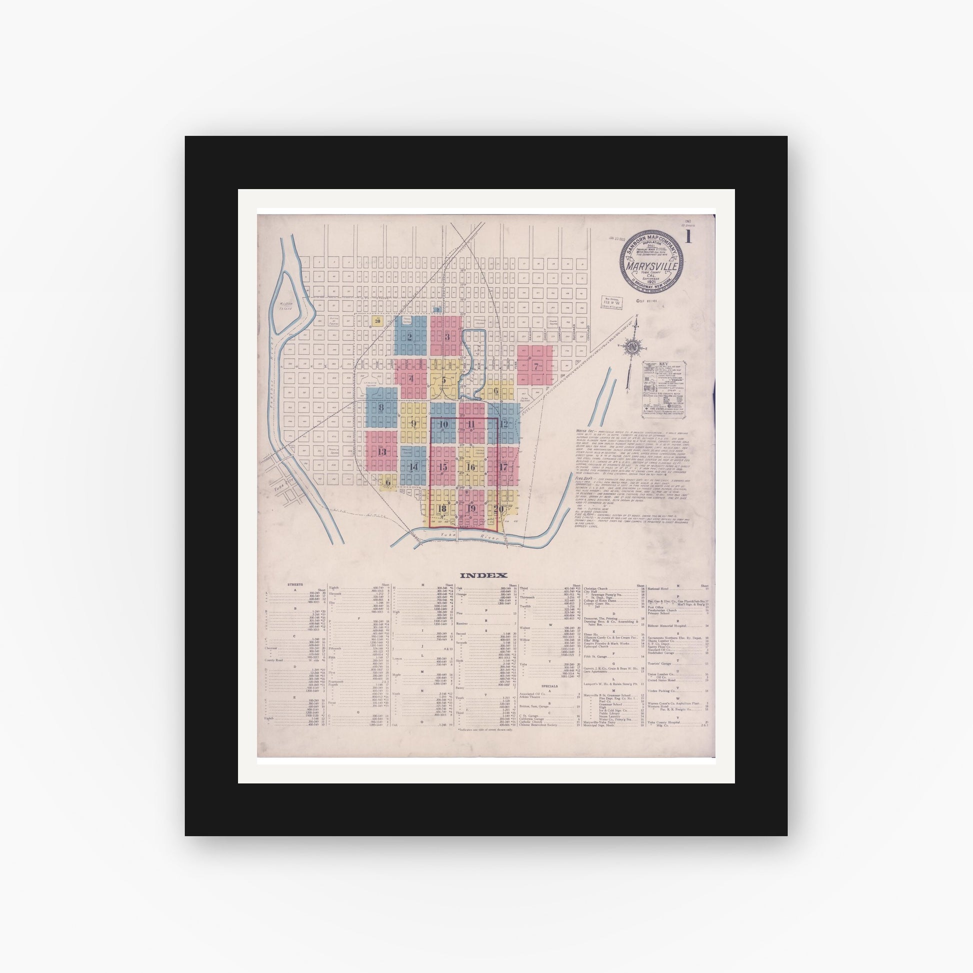 Old map wall art mockup — black gallery frame with white mat — Sanborn Fire Insurance Map from Marysville, Yuba County, California (1921), Sheet #0001