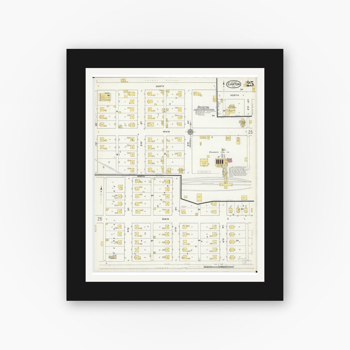 Old map wall art mockup — black gallery frame with white mat — Sanborn Fire Insurance Map from Canton, Fulton County, Illinois (1917), Sheet #0025