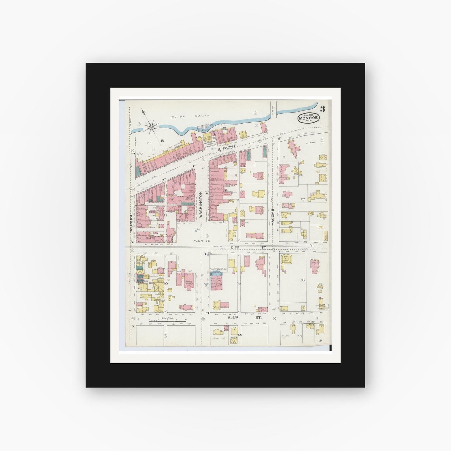 Old map wall art mockup — black gallery frame with white mat — Sanborn Fire Insurance Map from Monroe, Monroe County, Michigan (1893), Sheet #0003